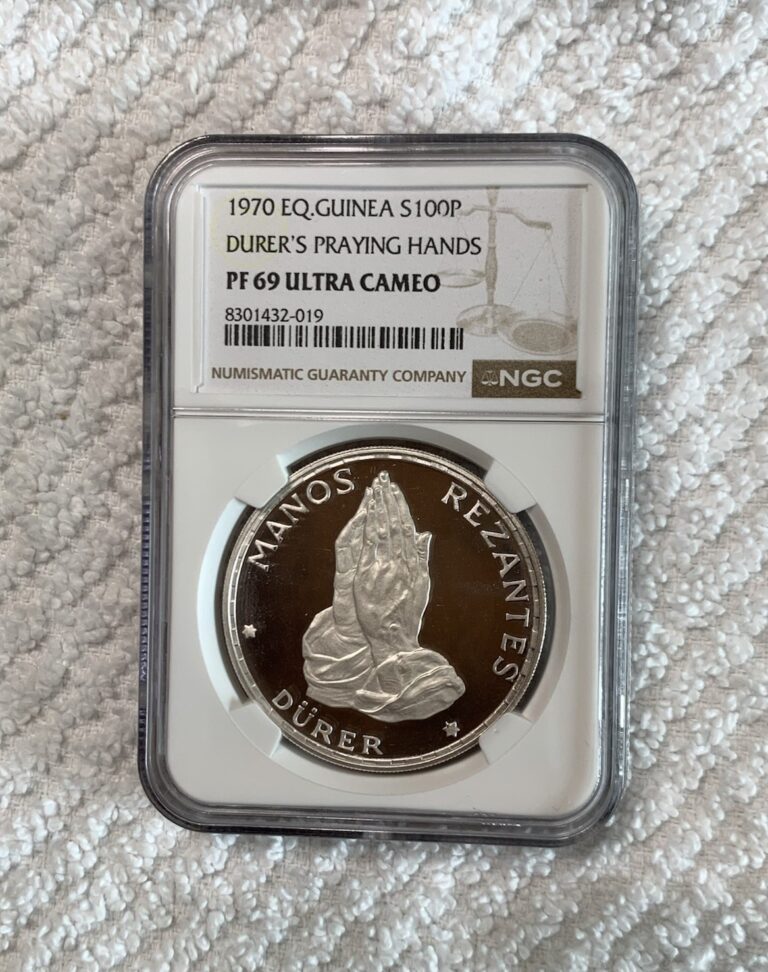 Read more about the article 1970 Equatorial Guinea 100 Pesetas Durer’s Praying Hands Coin NGC PF 69 UC