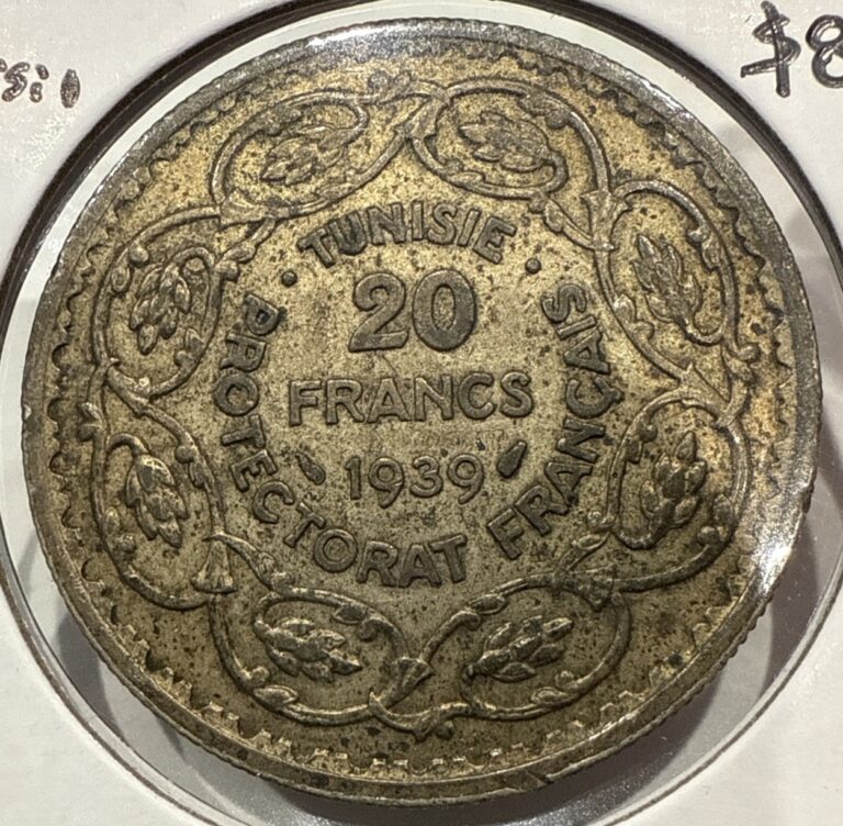 Read more about the article 1939 20 Francs Tunisia 1358 French Protectorate Silver Coin