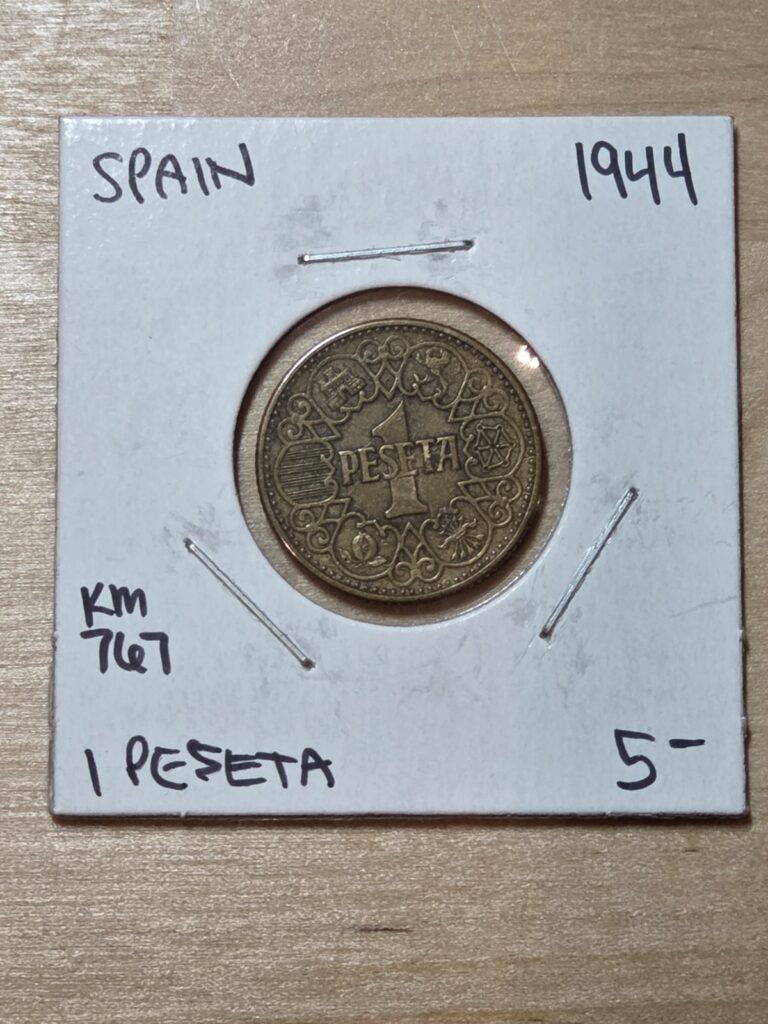 Read more about the article Spain 1-Peseta coin  1944. KM# 767  aluminum-bronze. Coat of arms.