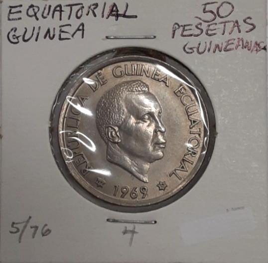 Read more about the article 1969 Equatorial Guinea 50 Pesetas Copper-Nickel Coin KM#4  AU/Toned