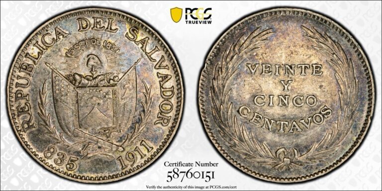 Read more about the article El Salvador 25 Centavos 1911 AU50 Nice Tone Scarce PCGS