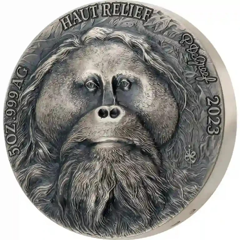 Read more about the article 2023 Ivory Coast Orangutan Big Five Asia 5 oz Antique finish Silver Coin