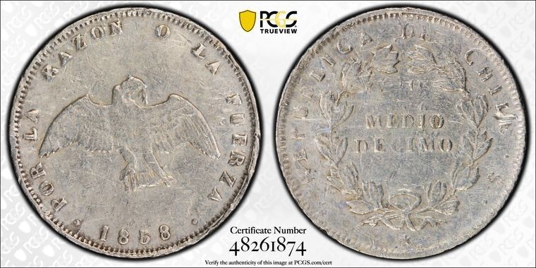 Read more about the article 1858 So PCGS XF Detail – CHILE Silver 1/2 Decimo Coin #47281A