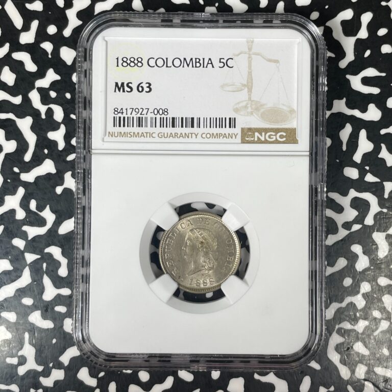 Read more about the article 1888 Colombia 5 Centavos NGC MS63 Lot#G1525 Choice UNC!