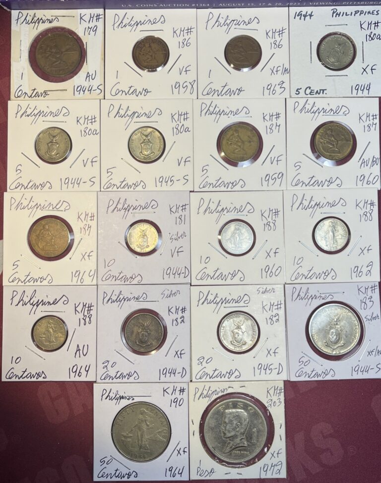 Read more about the article 1944 – 1972 Philippines 1 Centavo to 1 Peso VF – AU 18 Coin Lot W/ 4 Silver