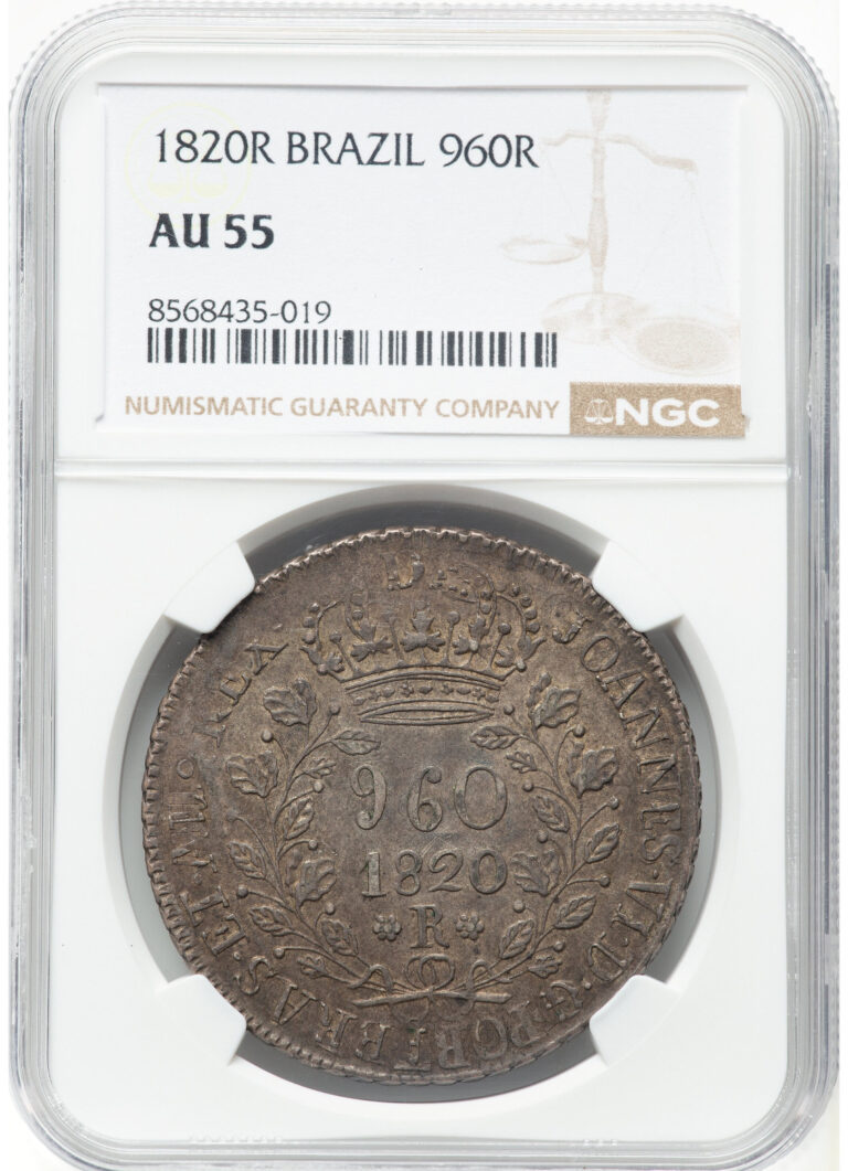 Read more about the article 1820R Brazil 960 Reis NGC AU55 Overstruck on 8R