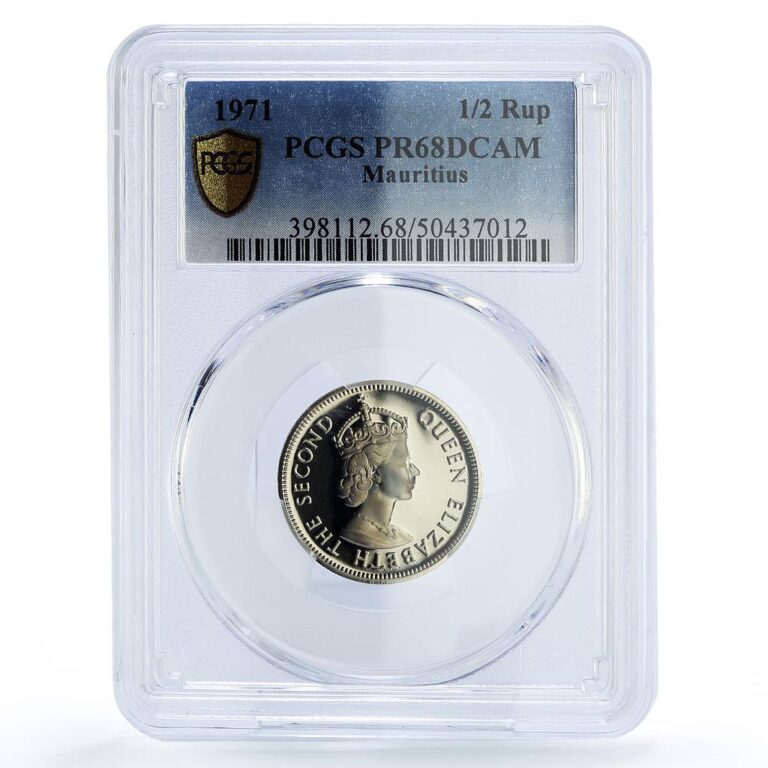 Read more about the article Mauritius 1/2 rupee Republic Coinage Queen Elizabeth PR68 PCGS CuNi coin 1971