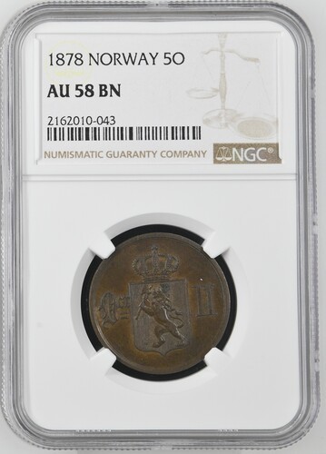 Read more about the article 1878 NORWAY 5O NGC AU 58 BN Certified Coin