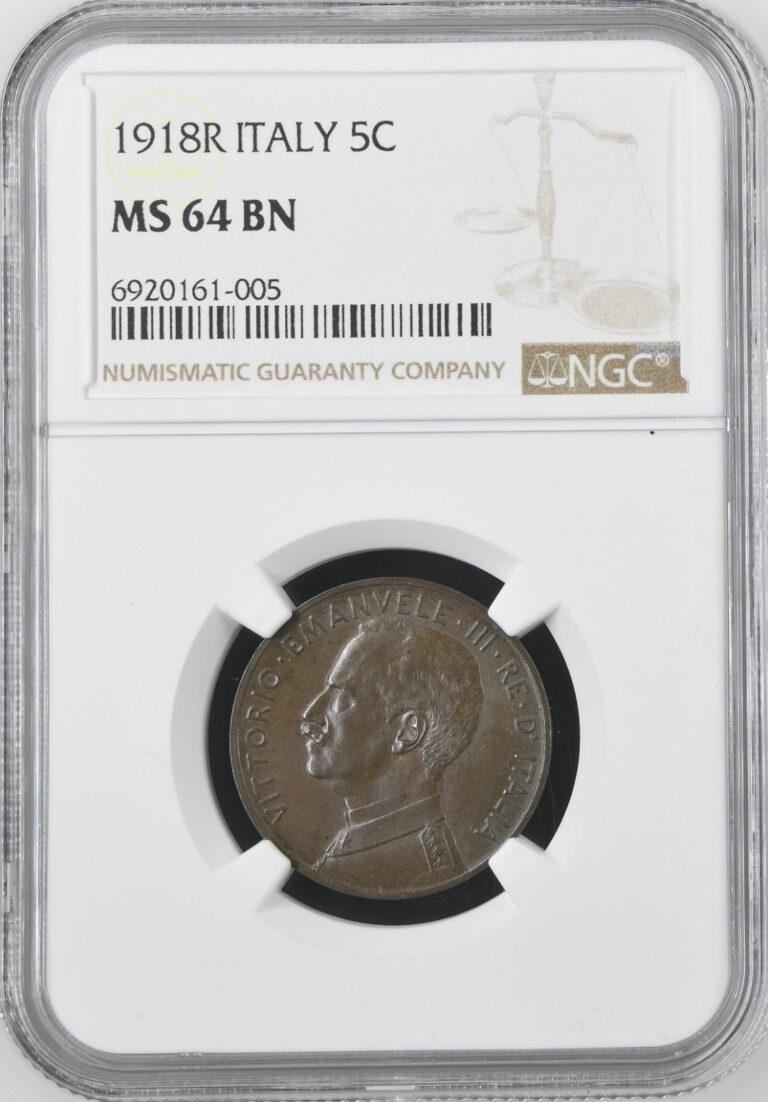 Read more about the article 1918R ITALY 5C NGC CERTIFIED COIN MS 64 BN