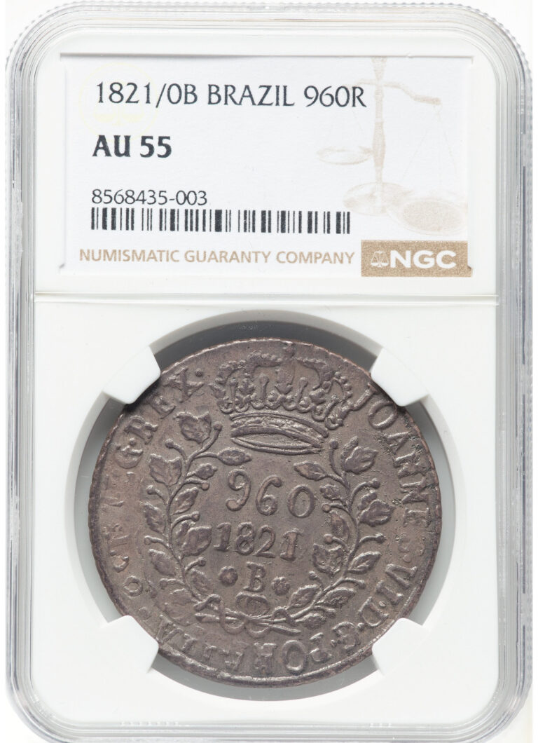 Read more about the article 1821/0-B Brazil 960 Reis NGC AU55 Overstruck on 8R