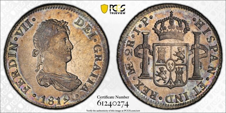 Read more about the article 1819 L JP Peru Silver 2 Reales PCGS AU55