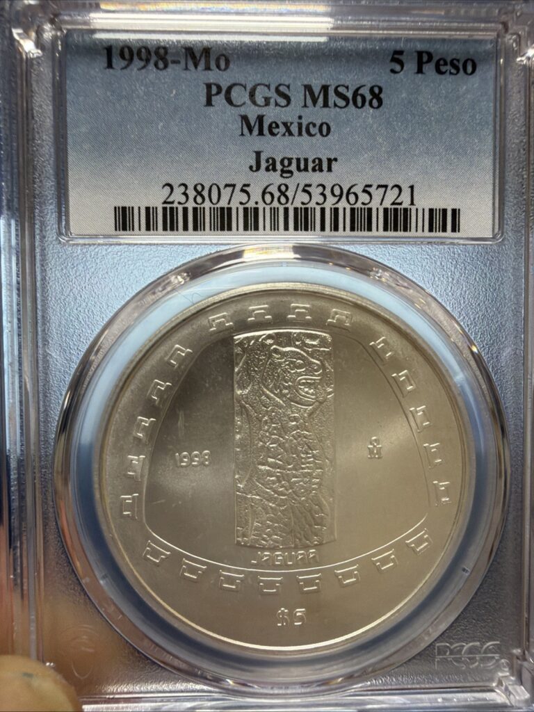 Read more about the article 1998 5 pesos Jaguar Mexico PCGS MS 68  Rare