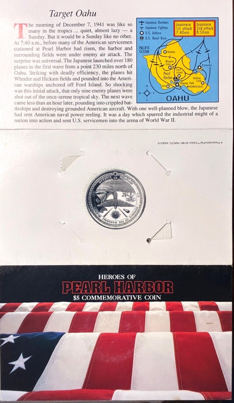 Read more about the article Marshall Islands 1991 50th Anniversary Heroes of Pearl Harbor $5 Coin and folio
