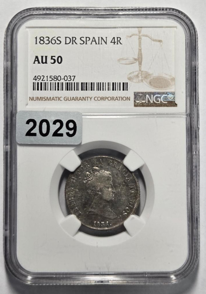 Read more about the article 1836S DR SPAIN 4 REALES  NGC AU 50 Certified Coin TOP POP