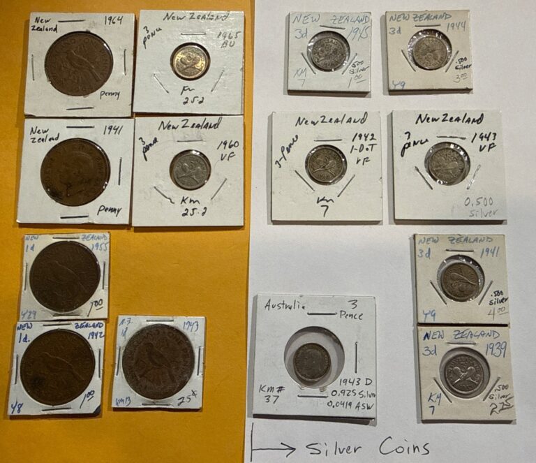 Read more about the article New Zealand 3-pence Silver Lot  Plus Bonus AUS Silver and NZ Pennies. 14 Coins!