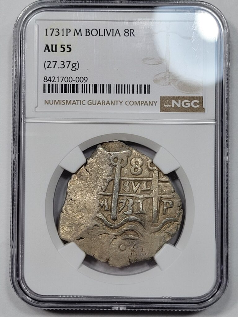 Read more about the article 1731 TRIPLE DATED Cob 8 Reales NGC AU55 TOP POP Assayer M 27.37g Potosi *M24