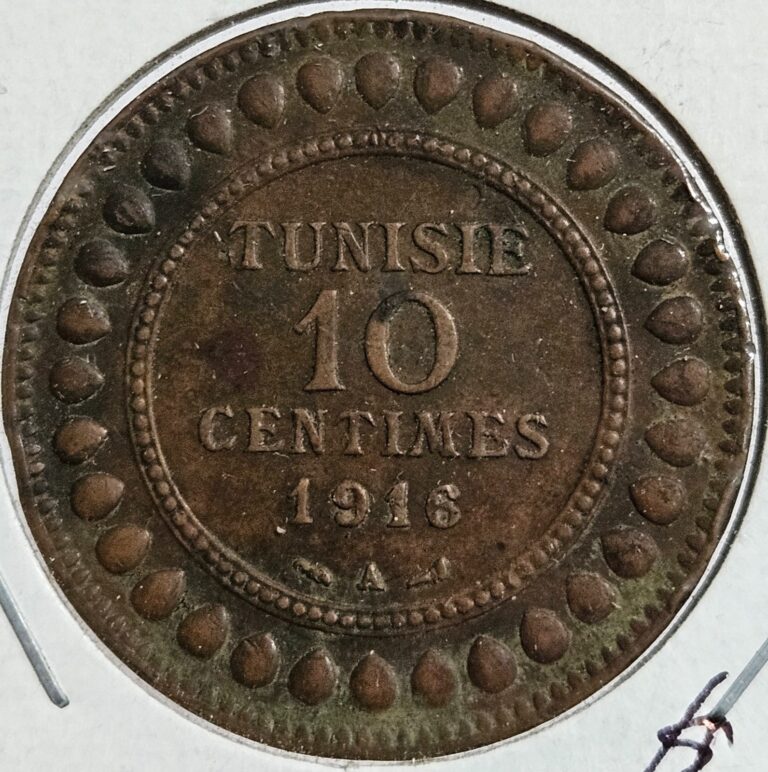 Read more about the article 1916 Year 1329AH French Tunisia 10 Centimes Low Mintage Large Copper Coin