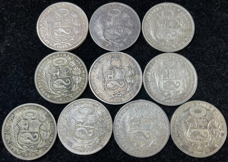 Read more about the article Assorted Early Peru Sole 10 Silver Coins Lot High Value 090125