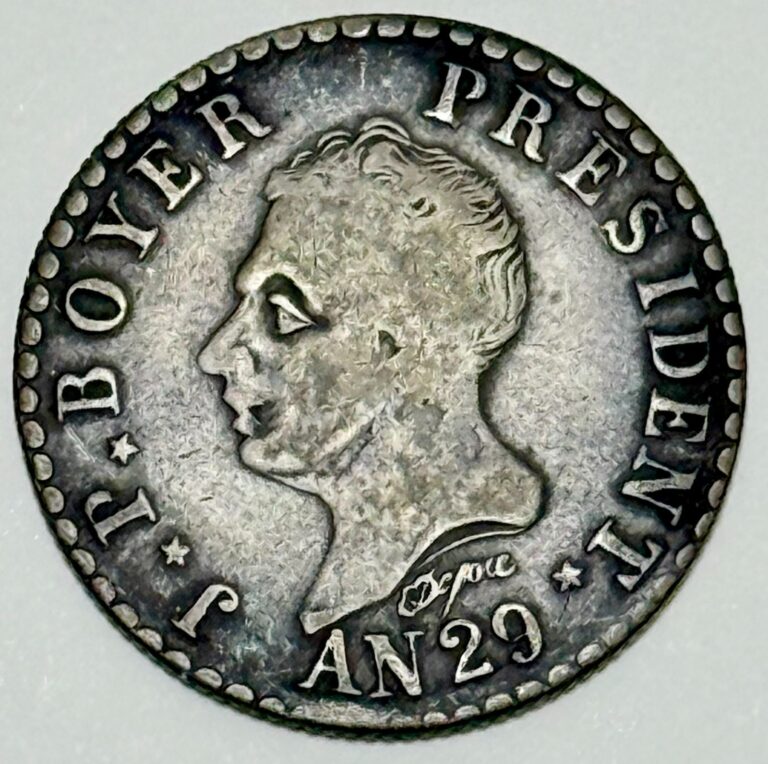 Read more about the article HAITI AN 29 (1832) 50 CENTIMES SILVER CANNON FLAGS RARE HAITIAN