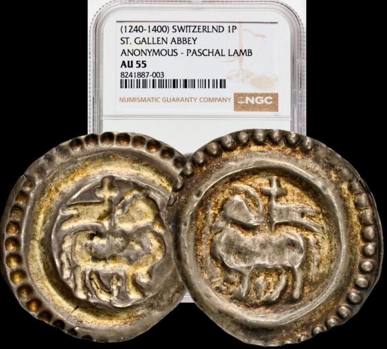 Read more about the article 1240-1400 SWITZERLAND St Gallen Abbey Paschal Lamb Medieval Silver Coin NGC AU55