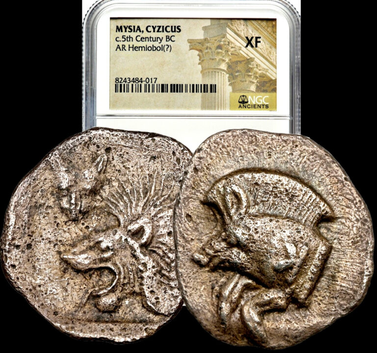 Read more about the article 500 BC Mysia Cyzicus Ancient Greek Silver Hemiobol Panther Lion Boar Coin NGC XF