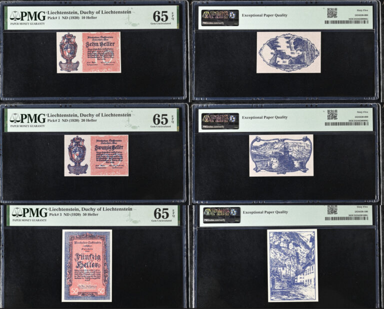 Read more about the article Liechtenstein 10 20 50 Heller ND (1920) P 1 2 3 UNC PMG 65 EPQ Set 3 pcs