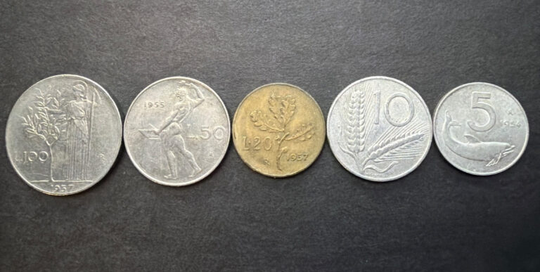 Read more about the article Lot of 5 Vintage Coins Italian Republic 100 50 20 10 5 Lire Lira Italy pre-Euro