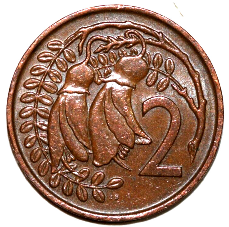 Read more about the article New Zealand 1977 2 cents  Kowhai leaves -Foreign Coin 21mm