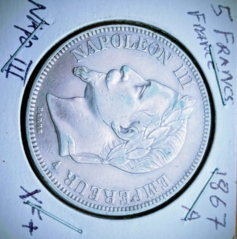 Read more about the article NAPOLEON III  Silver 5 Franc Coin 1867A  Paris Mint (Very Fine)