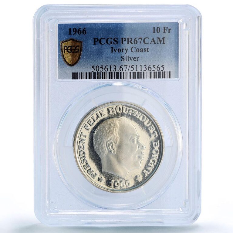 Read more about the article Ivory Coast 10 francs Felix Houphouet Boigny Politics PR67 PCGS silver coin 1966