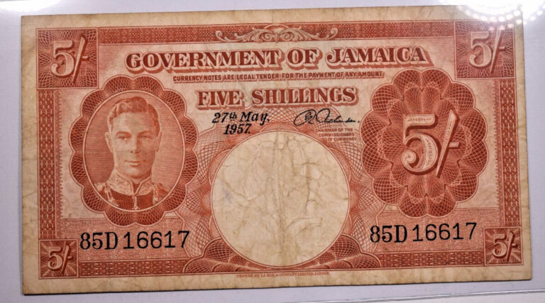 Read more about the article 1957 JAMAICA FIVE 5 SHILLINGS ~ NICE VF!