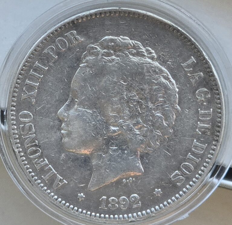 Read more about the article Spain 1892 (92) PG-M 5 Pesetas Silver Coin – 1st Year Alfonso VIII Child’s Head