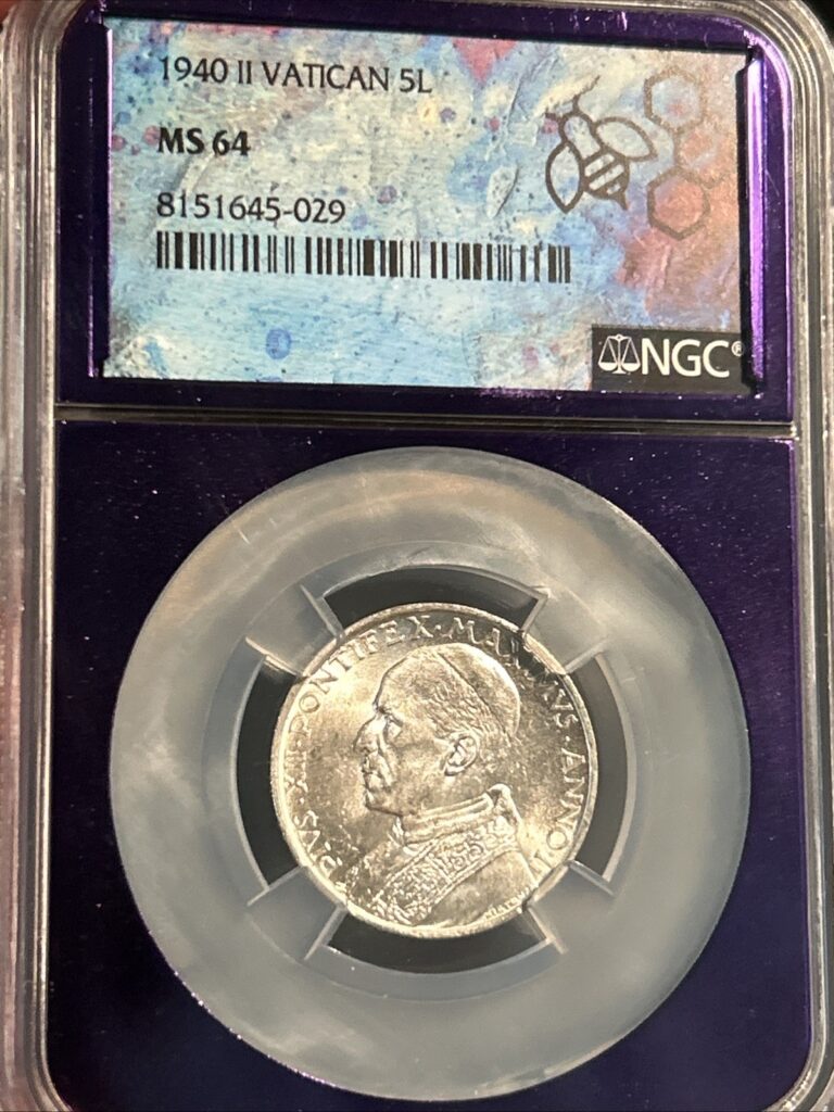 Read more about the article 1940 II Vatican City Silver 5 Lire Coin MS64 In TraderBea Purple Core NGC