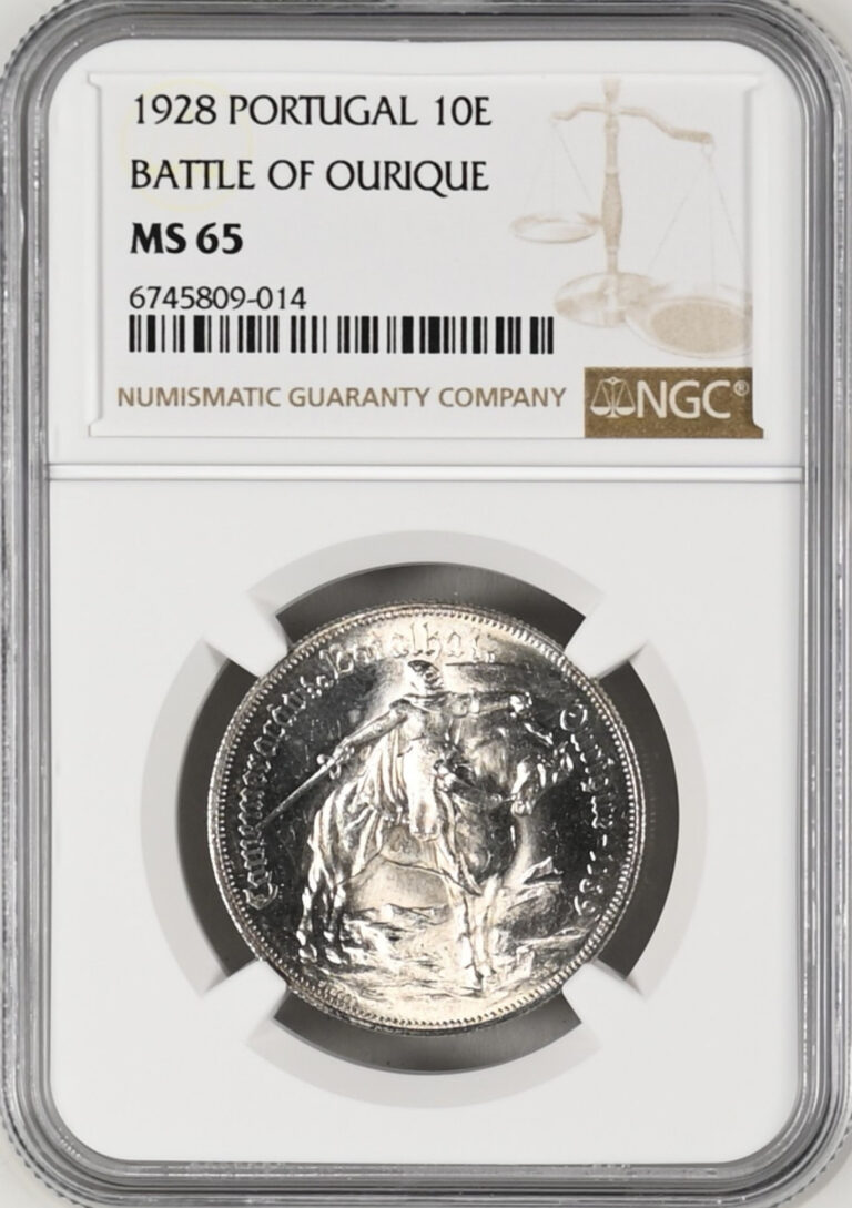 Read more about the article :1928 10-ESCUDOS PORTUGAL BATTLE OF OURIQUE GEM-BU NGC MS 65 RARE R5 HIGH-GRADES