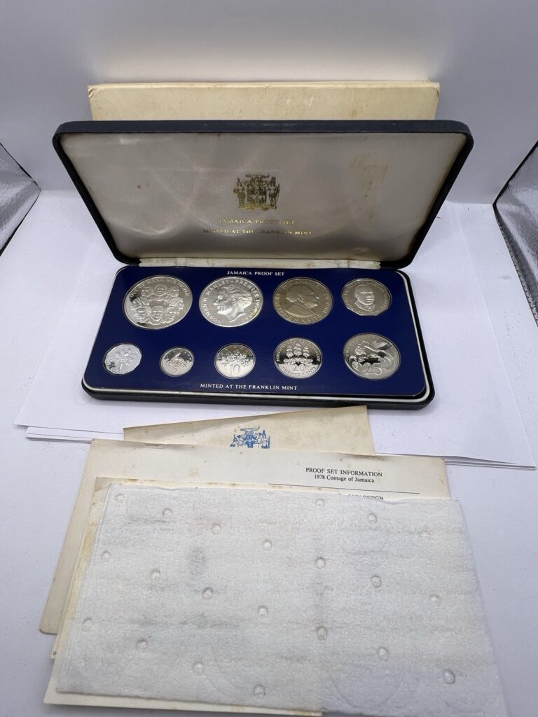 Read more about the article 1978 JAMAICA 9 Coin PROOF Set.  Include Silver 2 Coins  Original Box  Proof