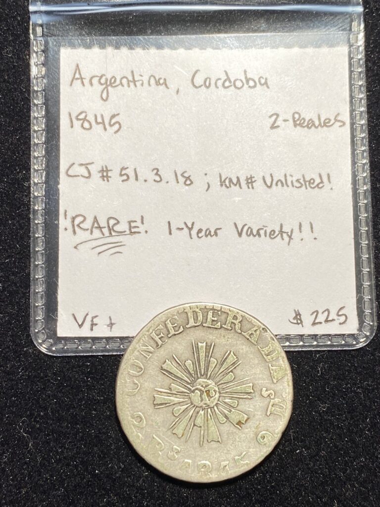 Read more about the article RARE 1-YEAR VARIETY Argentina (Cordoba) 1845 SILVER 2 Reales CJ 51.3.18 SUNFACE!