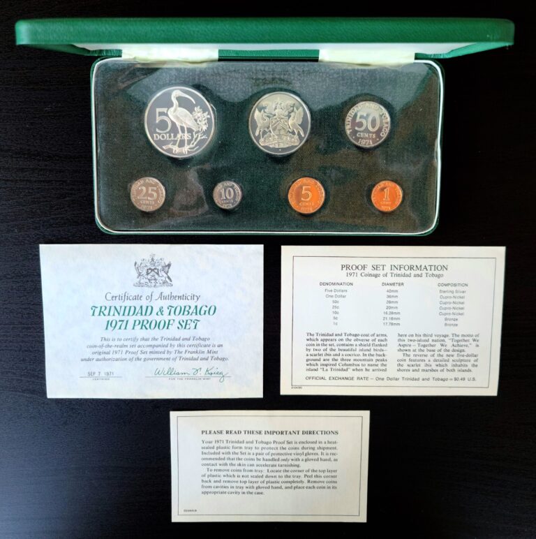 Read more about the article Trinidad and Tobago 1971 Proof Set 7 coins  KM #PS3  Sterling Silver $5 w/ OP  COA