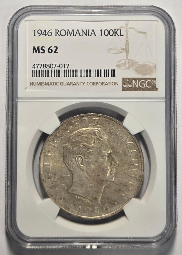 Read more about the article 1946 ROMANIA 100KL (100 000 LIE) NGC MS 62 Certified Coin
