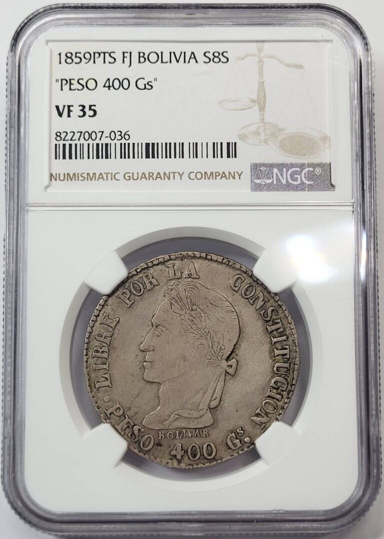 Read more about the article 1859 PTS FJ Bolivia Silver 8 SOLES NGC VF-35 Peso 400 Gs