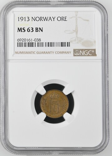 Read more about the article 1913 NORWAY 1 ORE NGC MS 63 BN Certified Coin