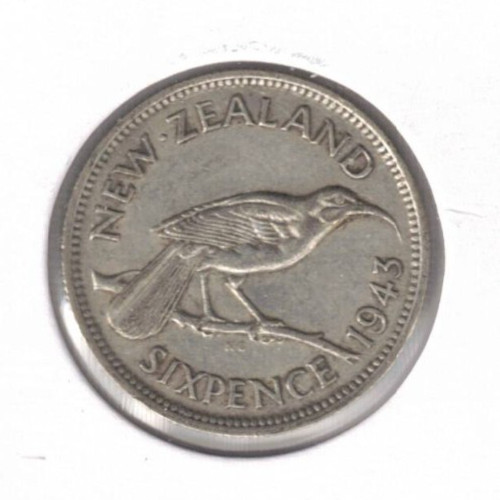 Read more about the article 1943 New Zealand Circulated Silver Six Pence KGVI and Huia Bird Coin!