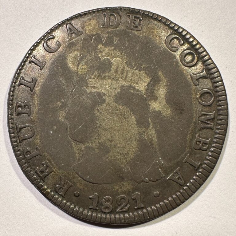 Read more about the article 1821 Ba JF Colombia Cundinamarca 8 Reales Silver Crown Indian Type Old Clean
