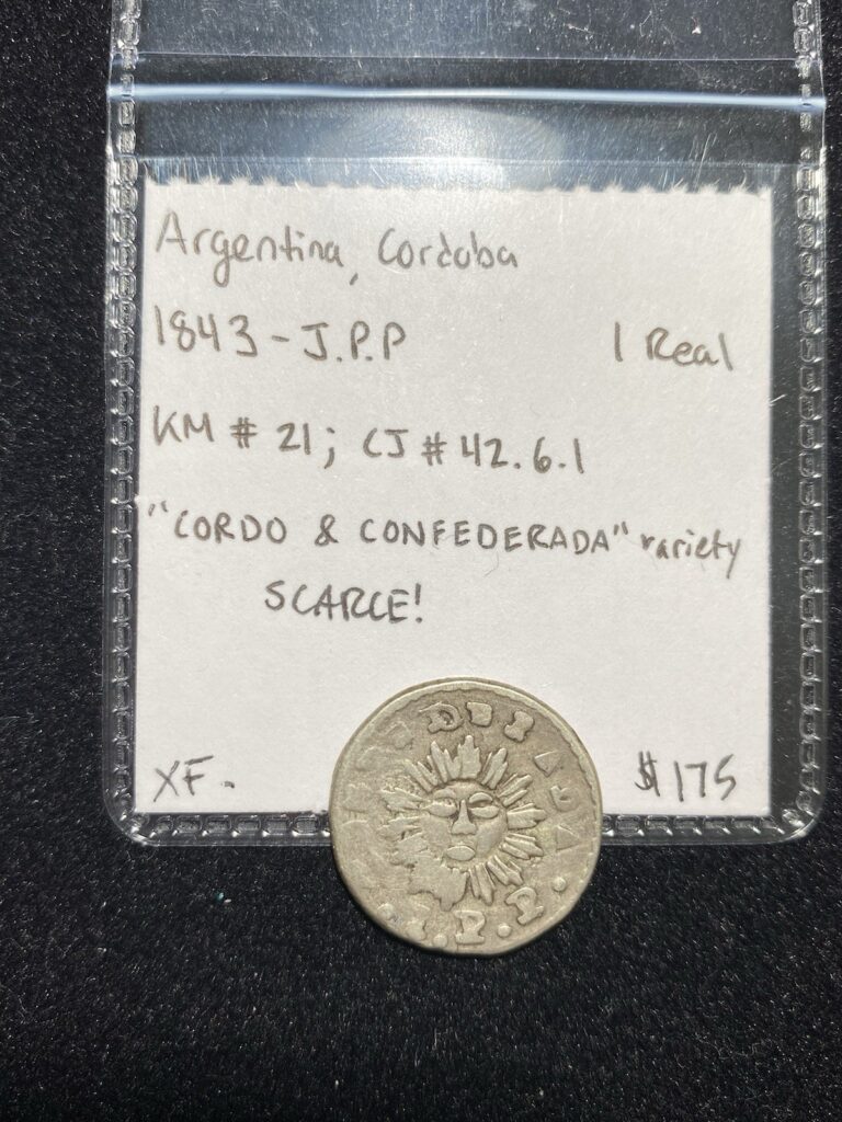 Read more about the article *Scarce* Argentina (Cordoba) 1843 – J.P.P. SILVER Real SUNFACE CJ# 42.6.1