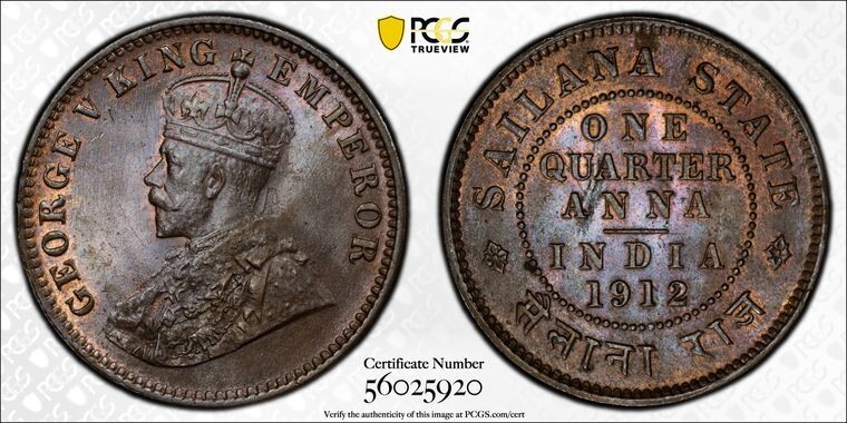 Read more about the article 1912 India Sailana 1/4 Anna PCGS MS64BN Lot#G101 Choice UNC!