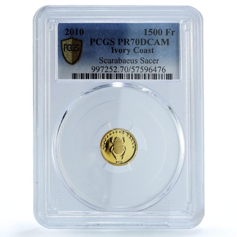 Read more about the article Ivory Coast 1500 francs Scarabaeus Sacer Fauna Insect PR 70 PCGS gold coin 2010