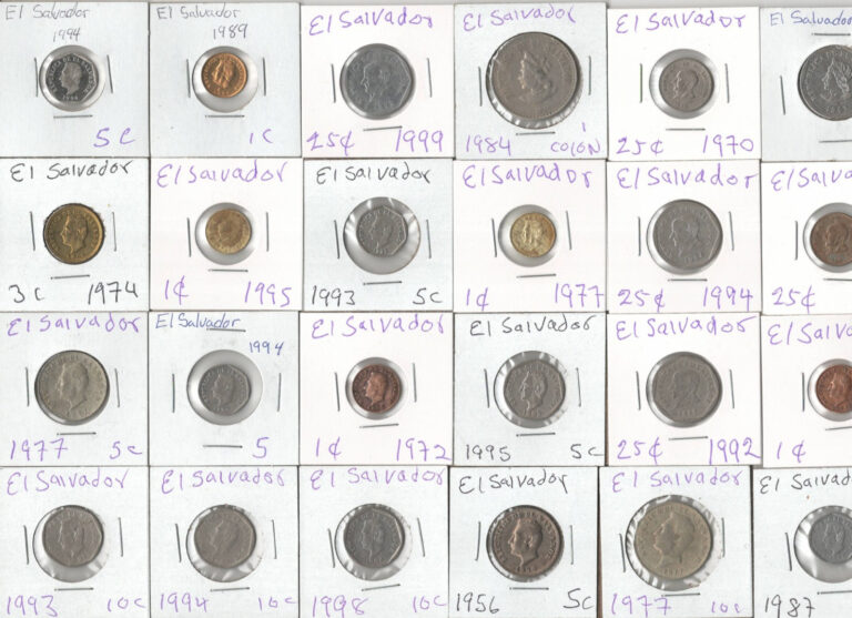 Read more about the article 24 COINS FROM EL SALVADOR 1 3 5 10 25 cents and 1 COLON.DIFF Dates