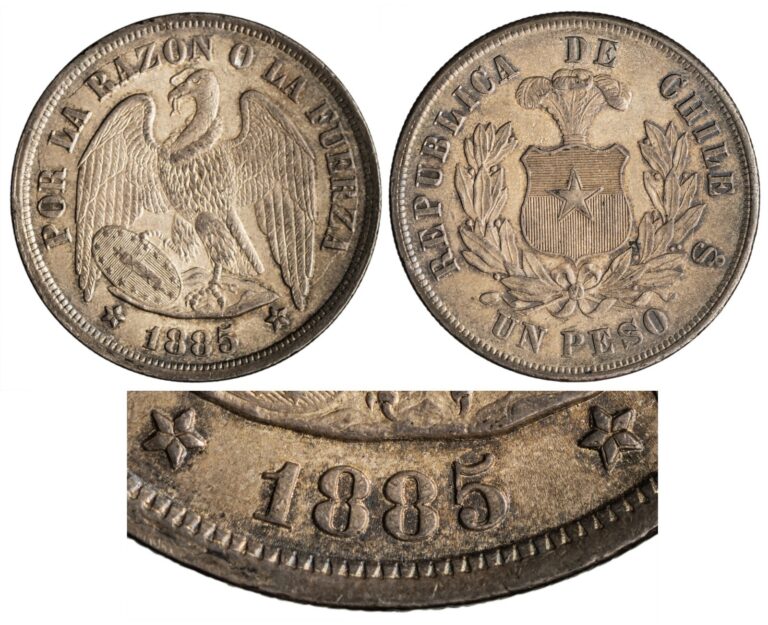 Read more about the article Chile. 1885-So Overdate .900 Silver Un Peso 25.00 gr.  37.38 mm   UNC KM-142.1