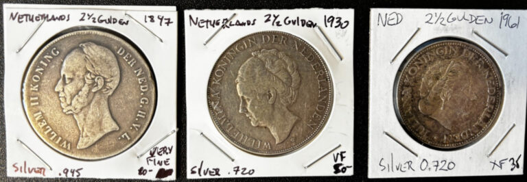 Read more about the article 3 x 2-1/2 Gulden Netherlands Silver Coins (1847  1930 and 1961)