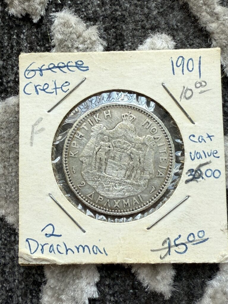 Read more about the article 1901 Greece Crete 2 Drachmai 900 Silver Coin