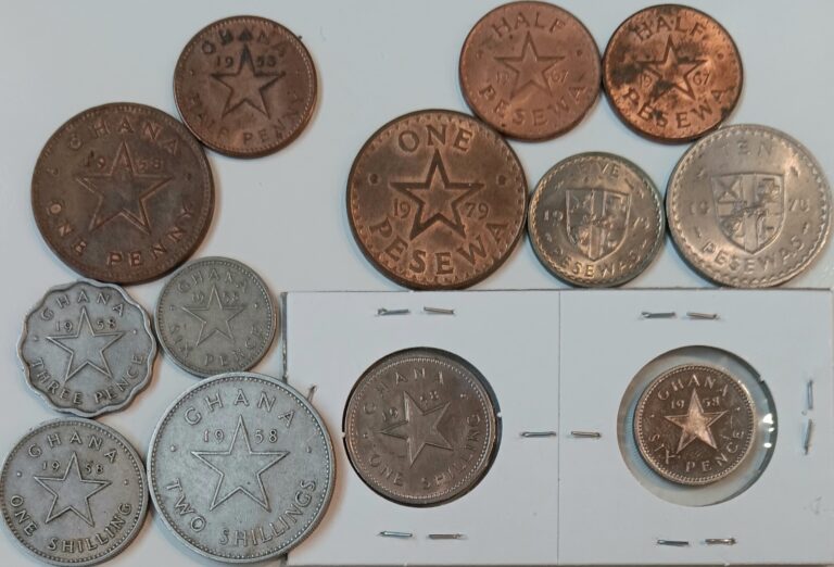 Read more about the article Lot Of 13 Ghana Coins: Half Penny  Penny  3 and 6 Pence  1 and 2 Shilling + Pesewas